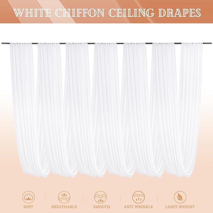 6 Panels White Ceiling Drapes for Wedding 5ftx20ft Sheer Drapery Chiffon Fabric Arch Draping Curtains for Party Ceremony Birthday Baby Shower Reception Stage Ceiling Decorations
