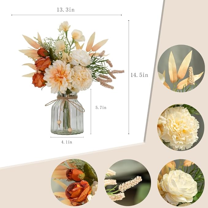 LESING Dahlia Flower Aritificial Flower with Vase Fake Silk Flowers in Glass Vase, Faux Rose Flowers Arrangement for Home Office Table Centerpiece Decoration (Champagne)