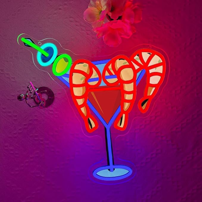 Cocktails Drinks Neon Signs for Wall Decor,Shrimp LED Neon Sign for Cocktails Bar Art Wall Lights,Adjustable Brightness Drinks Neon Sign for Beer Bar Decor,Restaurant,Pub Party,Night Club,Business