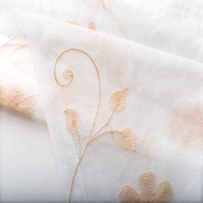Floral Embroidery Gold Sheer Curtains 84 Inches Long, Rod Pocket Sheer Drapes for Living room, Bedroom, 2 Panels, 52"x84", Semi Crinkle Voile Window Treatments for Yard, Patio, Villa, Parlor.