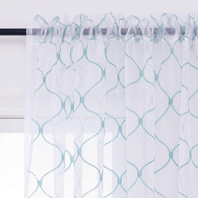 Embroidery Sheer Curtains Blue 95 Inches Long, Window Treatments Rod Pocket Drapes for Living room, Bedroom, Wave Diamond Crinkle Voile Curtain Panels for Yard, Villa, Parlor, Set of 2, 52"x 95".