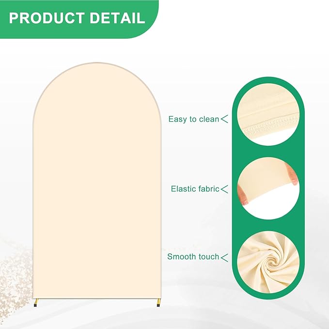 Metal Arch Backdrop Stand and Cover Set, 6.6FT Beige Reusable Spandex Fitted Backdrop Cover and Gold Wedding Arch Frame for Baby Shower, Birthday, Parties Decoration.