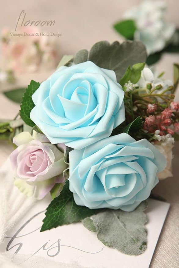 Floroom Artificial Flowers 25pcs Real Looking Aqua Blue Foam Fake Roses with Stems for DIY Wedding Bouquets Baby Shower Centerpieces Floral Arrangements Party Tables Home Decorations