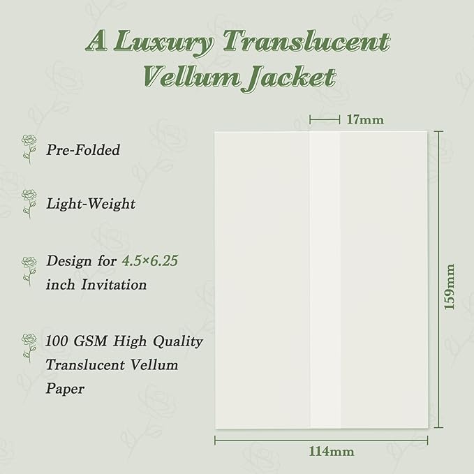 120 Pack Pre-Folded Vellum Jackets for 4.5x6.25 Invitations, Translucent Vellum Paper 4.5x6.25 Jackets, 100GSM Wedding Invitations Wraps, Envelope Liners for Birthdays, Baby Showers