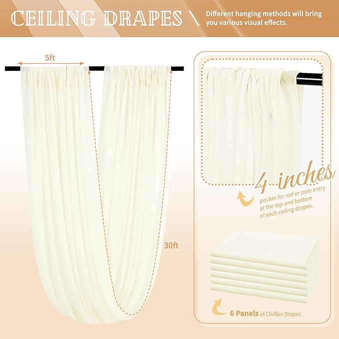 6 Panels Ivory Ceiling Drapes for Wedding 5ftx30ft Sheer Drapery Chiffon Fabric Arch Draping Curtains for Party Ceremony Birthday Baby Shower Reception Stage Ceiling Decorations