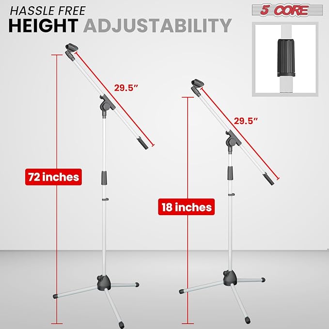 5 Core Tripod Mic Stand Floor Adjustable 18 to 72 Inches Sturdy Boom Arm Holder Microphone Stands Pedestal Para Microfono for Singing - MS 080 WH