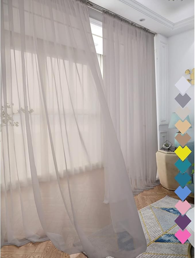 Window Light Grey Sheer Curtains 48 Inches Width 145 Inches Long 2 Panels Sheer Curtain Clear Curtains Basic Rod Pocket Panel for Home Living Room Bedroom Kids Room Yard Patio Parlor Sliding