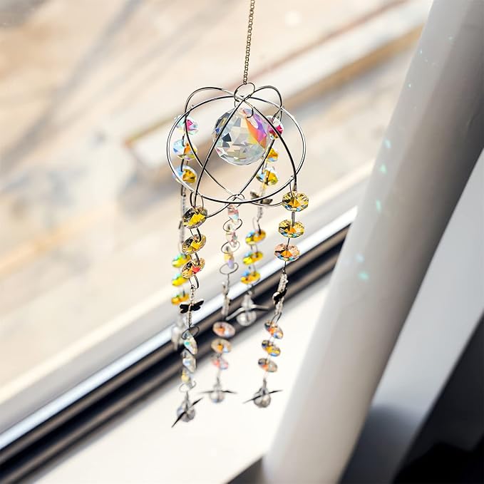 Garden Suncatcher Crystal Pendant Round Shaped Glass Prisms Beads Chain Hanging Angel Ornament Rainbow Maker Aura Prism Glass Crystal Sun Catchers
