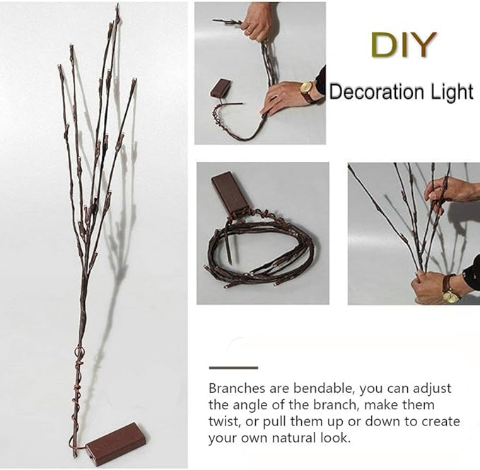 DK177 2 Pack Led Branch Light Battery Operated Lighted Branch Vase Filler Willow Tree Artificial Little Twig Power Brown 30 Inch 20 LED for Home Romantic Decoration, Warm White