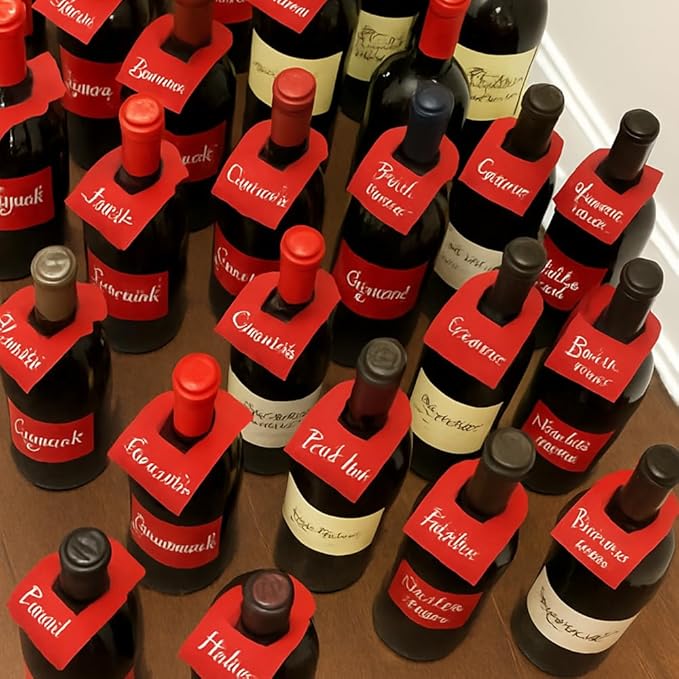 200 PCS Wine Bottle Tags –Paper Hanging Cellar Labels for Bottle Neck, Double-Sided Writable Gift Tags for Wine Racks, Champagne & Homebrew Organization (Red)
