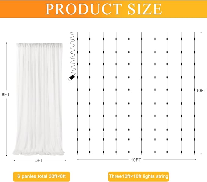 Fomcet Tulle Backdrop Curtains Ivory 30FT X 8FT Tulle Curtains with Lights String Sheer Curtain Backdrop for Parties Wedding Baby Shower Photo Shoot Decorations (6 Panels 5 x 8FT)