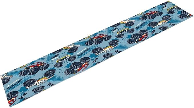 Monster Truck Table Runner,for Kids Boys Cool Colorful Cartoon Blue Cars Pattern Print Tablecloth Burlap for Hotel Indoors Outdoor Dining Room Kitchen Home Decor,W13X L80 in