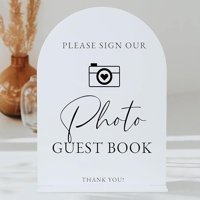 Acrylic Photo Guestbook with Stand- 5"x7" White Arched Wedding Sign and Base,1/8" Thick | Modern Calligraphy Black Lettering Arch Acrylic Sign for Wedding Reception & Party(5x7Inch, White)