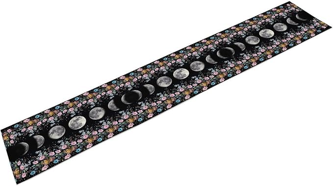 Boho Floral Moon Table Runner, Spring Flower Leaves Mystical Gothic Sun Moon Table Runner for Kitchen Dining Table Home Party,13x108 Inch Purple