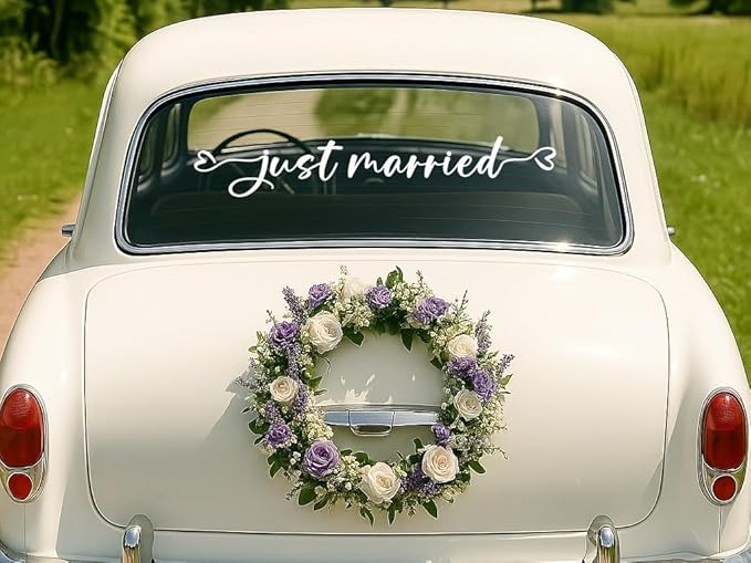 Just Married Car Decal – Wedding Bumper Sticker for Newlyweds, Unique Wedding Car Decoration (28 x 4.7 Inch)