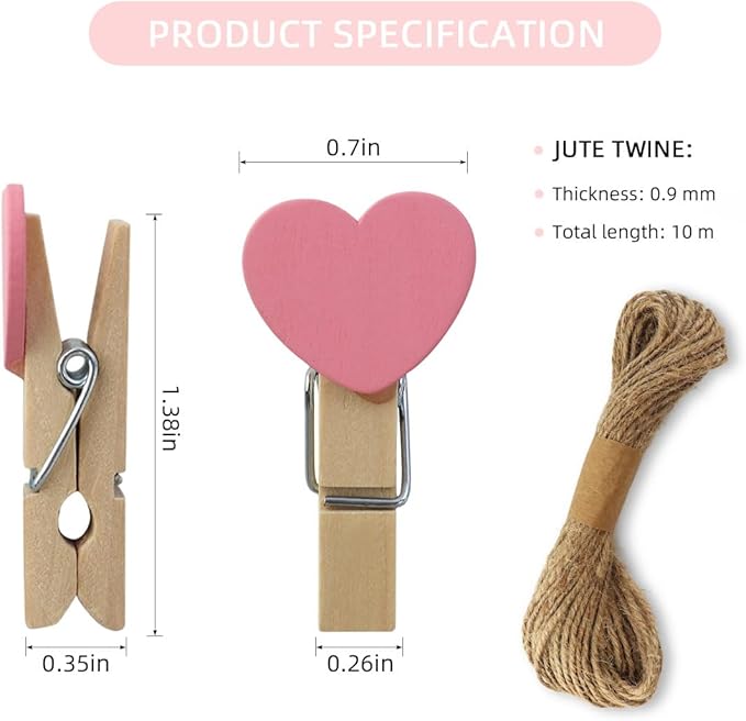 80 Pieces Wooden Heart Clothespins Mini Heart Photo Clips Colorful Small Clothes Pins for Crafts Picture Paper Hanging Natural Wooden Clothespins with Jute Twine for Wedding Party Photos Display