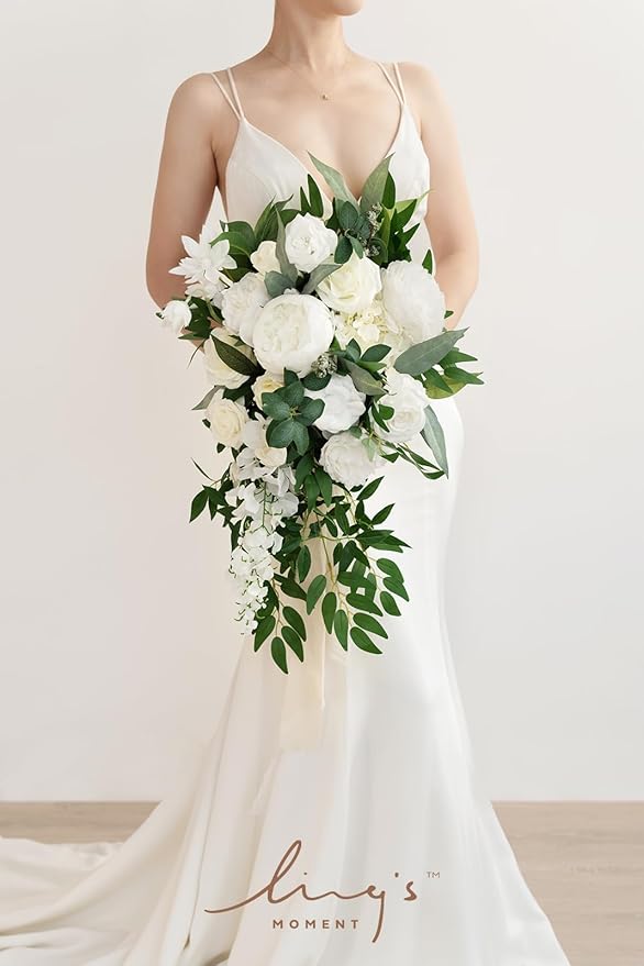 Ling's Moment White Bridal Bouquet Cascading, Ivory Wedding Bouquets for Bride, 15 Inch Bride Bouquets for Wedding Artificial Flowers Bouquets