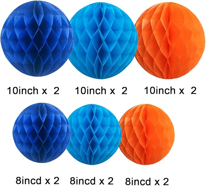 CC wonderland zone 12pcs Blue and Orange Paper Honeycomb Balls,6" & 10" Hanging Tissue Pom poms for Birthday Party Decoration