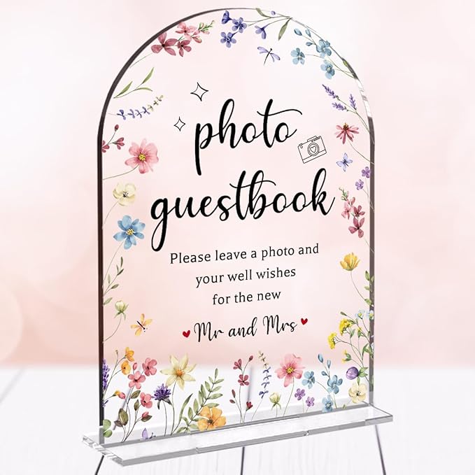 Wedding Sign Decor, Photo Guest Book Sign, Arch Acrylic Wedding Sign for Reception & Event, Bridal Shower Decorations, Wedding Table Sign Accessories for Anniversary And Event 5x7 Inch (Flower)