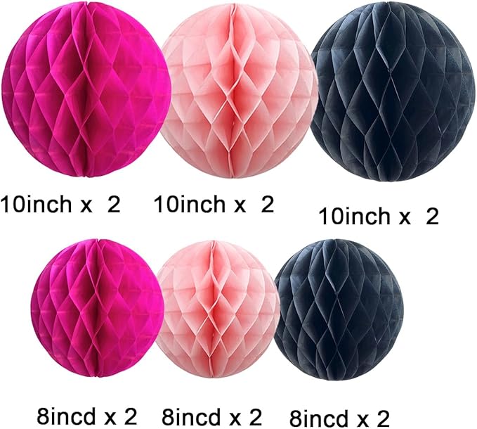 CC wonderland zone 12pcs Hot Pink and Black Paper Honeycomb Balls,6" & 10" Hanging Tissue Pom poms for Birthday Party Decoration