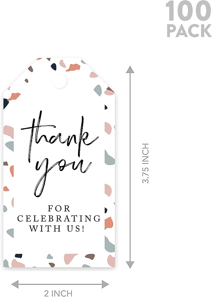 Andaz Press 100-Pack Thank You for Celebrating with Us Favor Tags Terrazzo Cardstock Gift Tags with Bakers Twine for Wedding Baby Shower Bridal Shower Birthday Party Favors 2 x 3.75-Inches