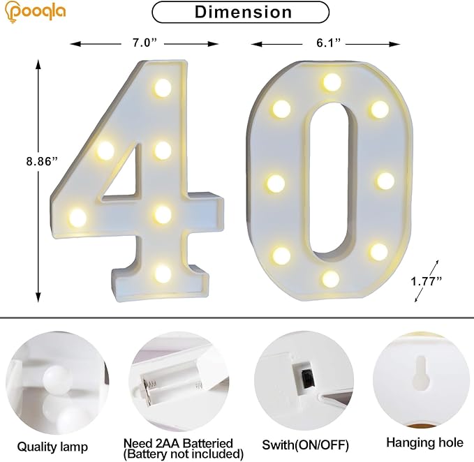 Pooqla 40th Birthday Decorations for Her Him, Light Up Number 40 for Party Table Decorations, 40th Birthday Gift for Women Men, Backdrop Wall Decor for 40th Wedding Anniversary Decoration