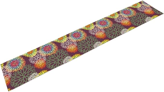 Brown Dahlia Flower Table Runner, Linen Geometric Pattern Floral Table Decor Spring Farmhouse Decorations for Kitchen Dining Holiday Party Decor, 13x120 Inch