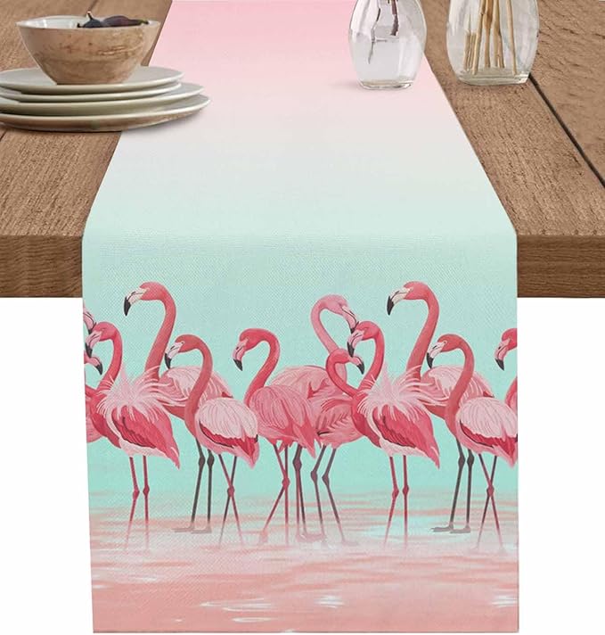 Tropical Flamingo Cotton Linen Table Runner for Dining Kitchen, Wedding Outdoor Party Tablerunners Decoration, Pink Bird Coastal Nautical Animal Dresser Scarf Coffee Tablecloth Runners 13x108 Inches