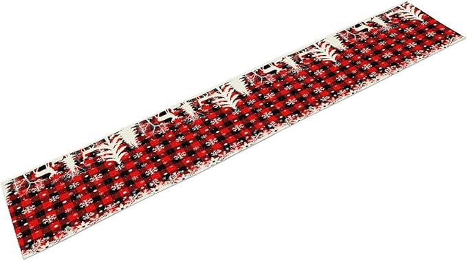 Christmas Table Runner,Red Black Plaid Xmas Snowflakes Deer Trees Print Tablecloth Burlap for Hotel Indoors Outdoor Dining Room Kitchen Home Decor,W13X L108 in