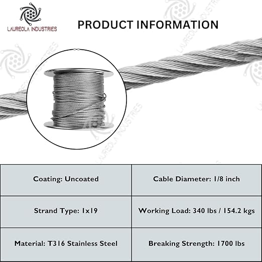 Laureola 1/8" Type-1x19 Grade-316 Stainless Steel Cable Railing Wire Rope - 900ft