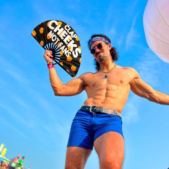 Kandies World UV Reactive Custom Festival Folding Hand Fan - Unique Designs, Bamboo, Clacking Sound, Lightweight - Perfect Rave and Festival Accessory! (Clap cheeks not fan)