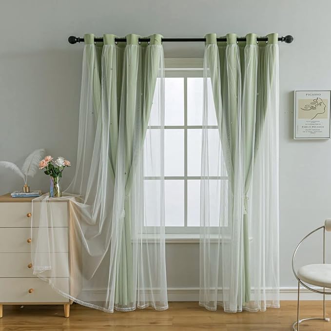 FANLI 2 Panels Star Blackout Curtains for Kid Girls Bedroom Living Room Darking Stripe Double Layer Star Cut Out Wall Home Decor Gradient Grommet Window Curtains (Green 84L)