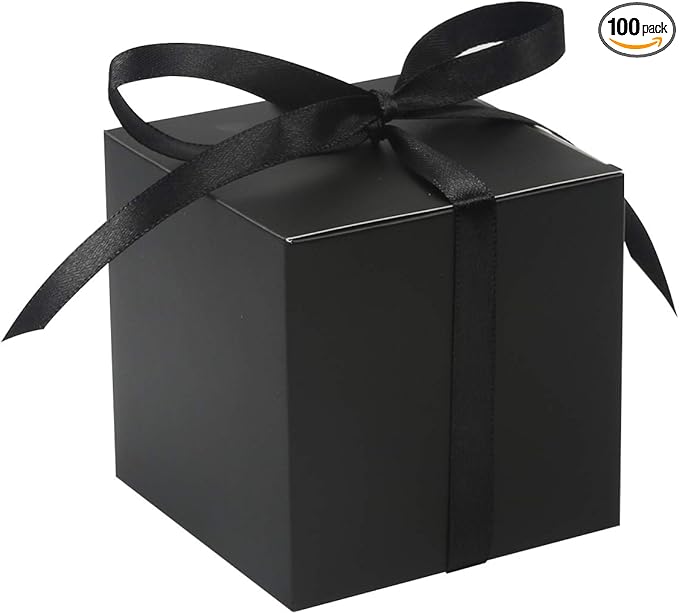 COTOPHER 100pcs Wedding Favor Boxes, Paper Gift Boxes 3x3x3 Inches Small Gift Boxes with Ribbons Small Boxes for Gifts, Crafting, Cupcake, Candy, Bridesmaid Proposal Boxes，Easy Assemble Boxes (Black)