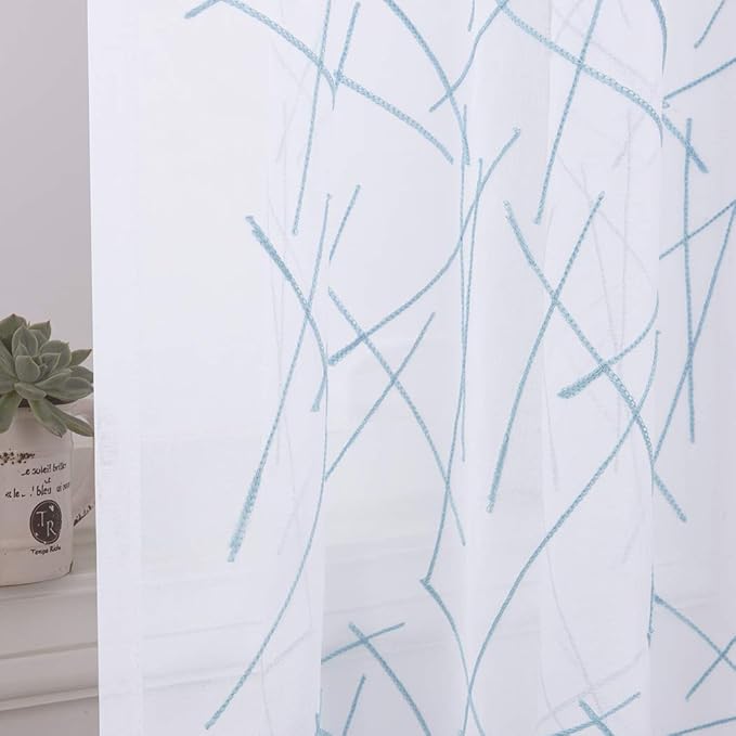 Blue Sheer Curtains 63 Inches, Rod Pocket Voile Drapes for Living room, Bedroom, Modern Embroidery Window Treatments Semi Faux Linen Curtain Panels for Yard, Patio, Parlor, Set of 2, 52"x 63".