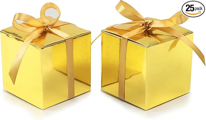 COTOPHER 25pcs Wedding Favor Boxes, Paper Gift Boxes 3x3x3 Inches Small Gift Boxes with Ribbons Small Boxes for Gifts, Crafting, Cupcake, Candy, Bridesmaid Proposal Boxes