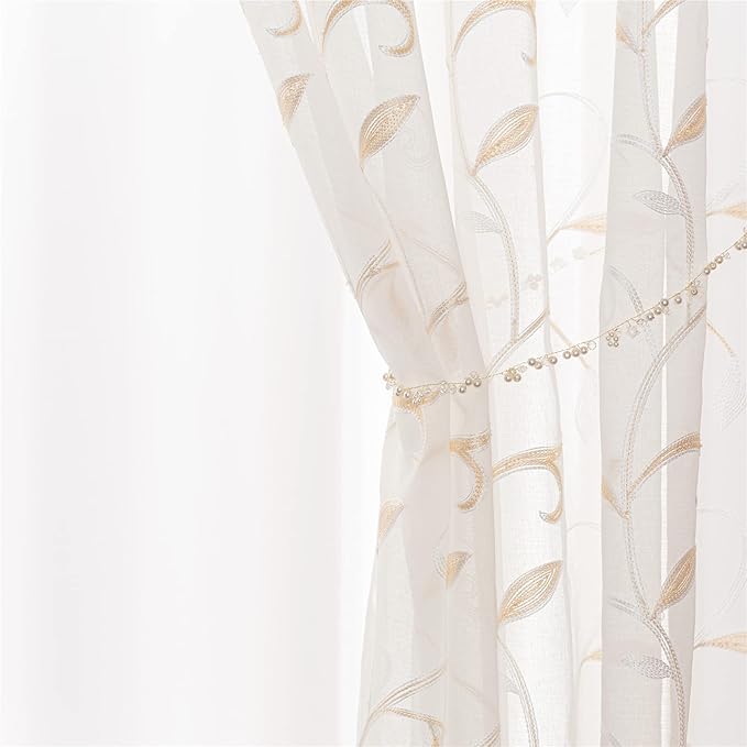 VISIONTEX White Sheer Voile Curtains, Decorative Beige Leaves Embroidery Faux Linen Rod Pocket Window Drapes for Home Kitchen, Living Room and Bedroom 54 x 84 Inch, Set of 2 Curtain Panels