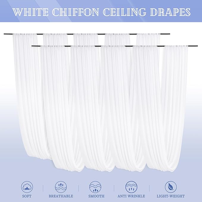 8 Panels White Ceiling Drapes for Wedding 5ftx30ft Sheer Drapery Chiffon Fabric Arch Draping Curtains for Party Ceremony Birthday Baby Shower Reception Stage Ceiling Decorations