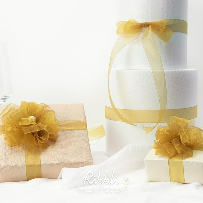 Ribbli Pale Gold Organza Ribbon,1 Inches x Continuous 50 Yard, Pale Gold Sheer Ribbon for Gift Wrapping,Cookie Wrapping,Wedding Decoration,All Crafting and Sewing