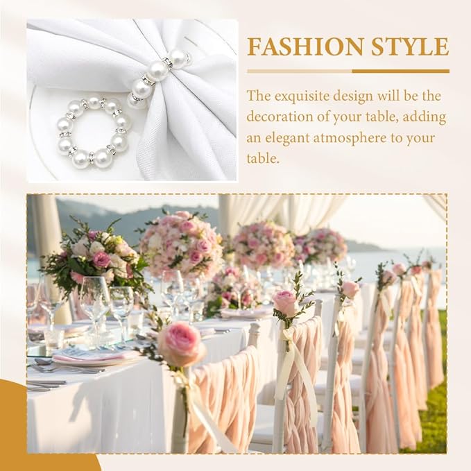 12Pcs Pearl Napkin Rings, Round Napkin Buckles Wedding Beaded White Napkin Rings Silver Napkin Ring Holder for Formal Dinner Reception Party Banquet Table Decor (Sliver)