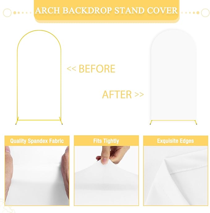 Metal Arch Backdrop Stand Set of 2 with Cover 6FT 7.2FT White Spandex Arch Backdrop Covers for Gold Wedding Arch Stand Arch Stand Covers for Birthday Party Baby Shower Birdal Shower Decorations