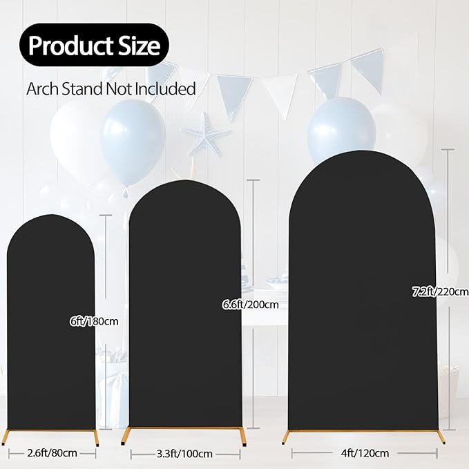 WEERRW Wedding Arch Cover Black Spandex Fitted Set of 3 Balloon Arch Stand Covers Round Top Chiara Stretchy Backdrop for Birthday Party Baby Shower Banquet Decoration (6FT, 6.6FT, 7.2FT)