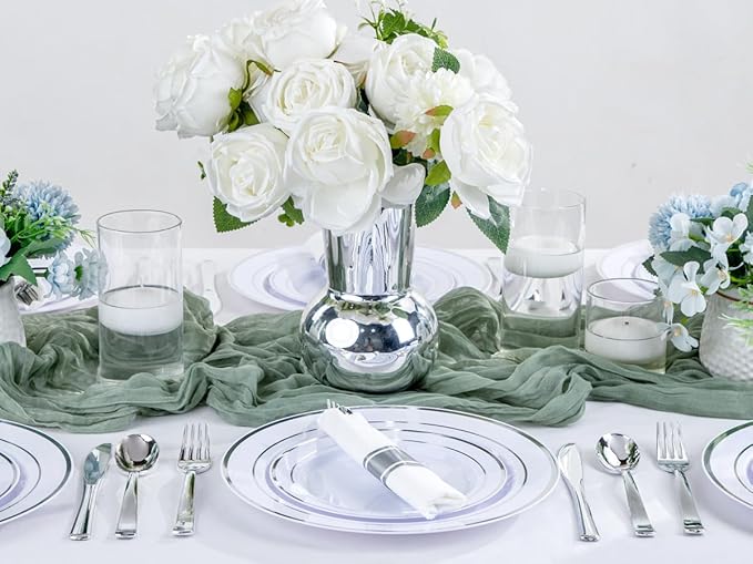 400PCS Wrapped Silver Plastic Silverware Sets - Heavy Duty Plastic Silverware Include Pre Rolled Disposable Utensils with Napkins for Parties & Dinners & Weddings