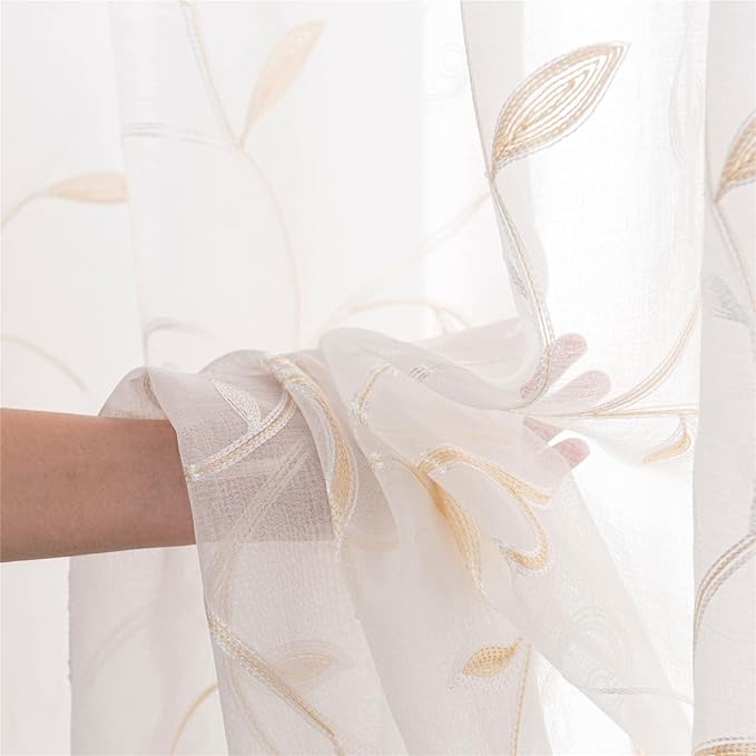 VISIONTEX Sheer Voile Curtains, Decorative Beige Leaves Embroidery Faux Linen Rod Pocket Window Drapes for Home Kitchen, Living Room and Bedroom 54 x 54 Inch, Set of 2 Curtain Panels