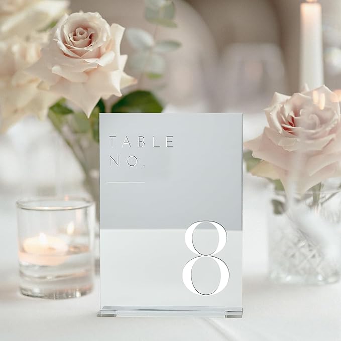 JINMURY Sliver Wedding Table Numbers 1-15 with Stands, 5"x7" Sliver Mirror Acrylic Table Numbers for Wedding Reception (Sliver Mirror White Font, Number 1-15, 5"x7")