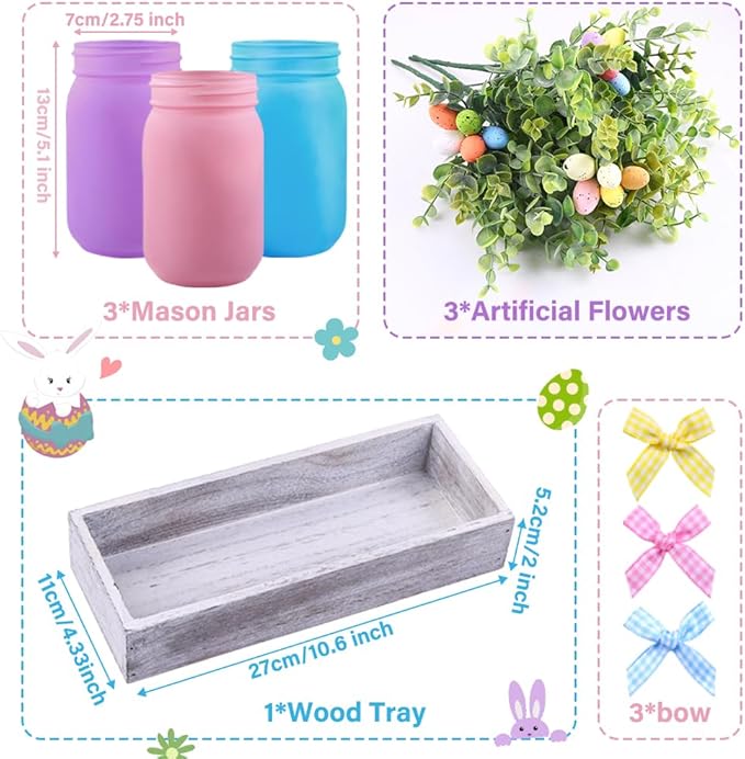 DIYDEC 3PCS Easter Mason Jars 3 * 5Inch Easter Painted Tiered Tray Decorative Jars with Wood Tray &Artificial Flowers Farmhouse Bottles for Holiday Spring Home Table Centerpiece Decor Gifts