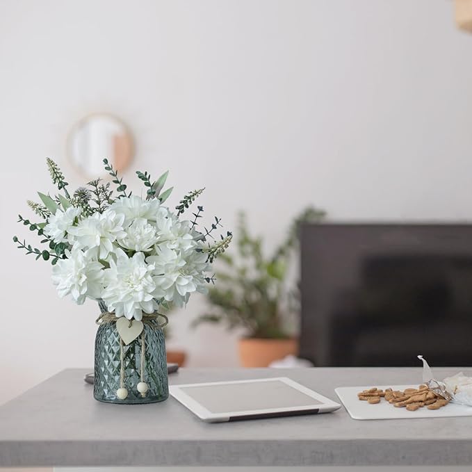 Fake Flowers in Vase,8 Dahlias,Silk Artificial Flowers in Vase,Centerpiece Table Decorations,Coffee Table Decor,Faux Flowers in Vase with a Flower Arrangement Holder