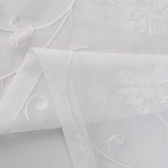 Floral Embroidery Sheer Curtains White 63 Inch Length, Rod Pocket Voile Drapes for Living room, Bedroom, Window Treatments Semi Crinkle Curtain Panels for Yard, Patio, Villa, Set of 2, 52"x 63".