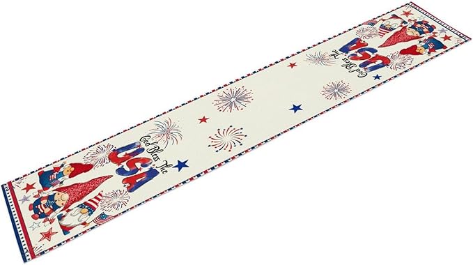 Cute Patriotic Gnomes Table Runner, American Independence Day 4th of July Gnome Blue Red Fireworks Confetti Print Table Runner for Home Kitchen Dining Table Party Decor, 13x90inch