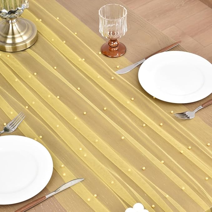 Joanlody Fall Pearl Table Runner 10ft Rustic Boho Tulle Table Runner with Pearls for Baby Shower Wedding Party Veil Dessert Thanksgiving Table Decor Yellow
