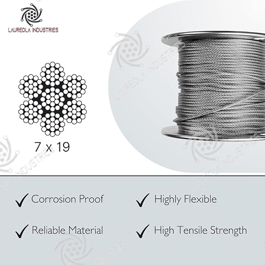 Laureola 1/8" 7x19 Stainless Steel Aircraft Wire Rope 304 Grade (100ft)
